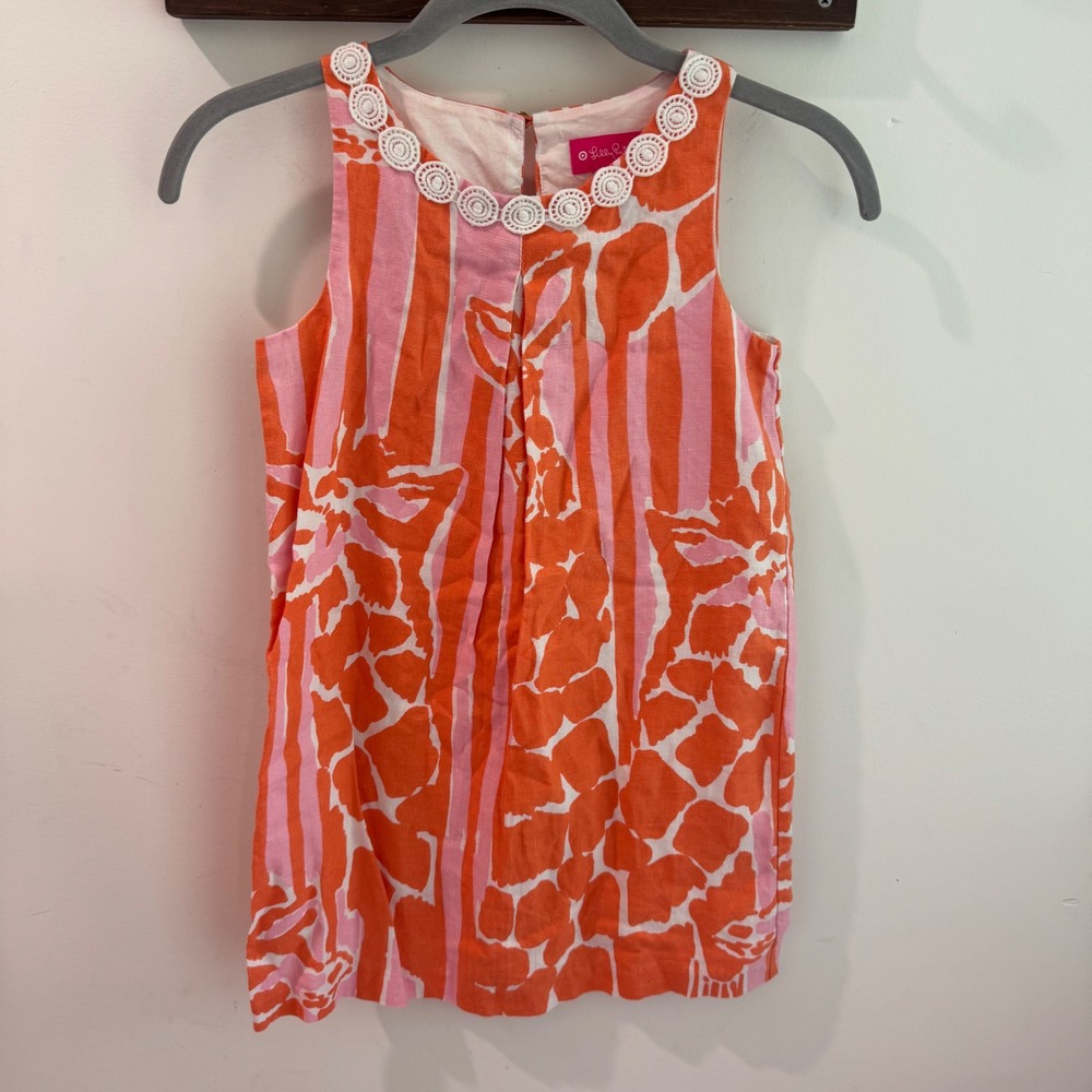 Lilly Pulitzer Target Girls Orange Pink Giraffe Print Linen Shift Dress M 7-8